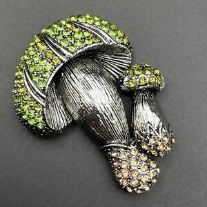 Silver with Emerald and Champagne Topaz Crystal Double Mushroom Pin Back Brooch